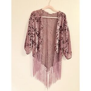 Coco + Jameson Mauve Velvet Burnout Fringe Kimono Cardigan M/L